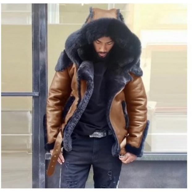 Q027 Men's Faux Leather plus Velvet Thickened Fur Short Zipper Coat Hooded Men's Coat