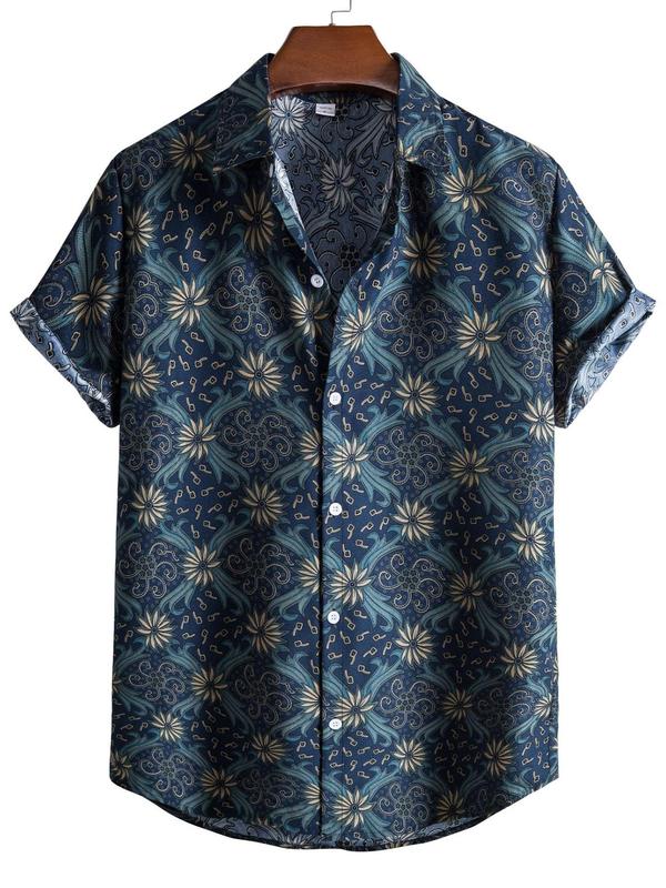 Men's Regular Fit Floral Print Button Front Shirt, Boho Casual Short Sleeve Collar Shirt for Summer, Menswear for Beach Vacation