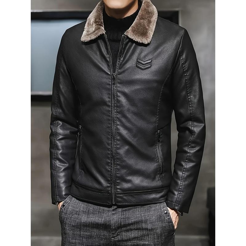 Men's Winter Casual PU Leather Jacket with Faux Fur Collar, Polyester Lining, Solid Color, Fit Style, Long Sleeve, Zipper Design - Polyester Cotton Viscose Blend