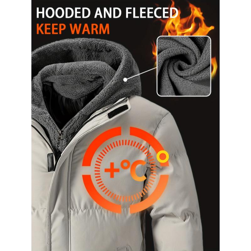 Two-piece Padded Men's Fleece Color Block Jacket, Casual Long Sleeve Warm Hooded Outwear with Pockets for Winter Outdoor Activities