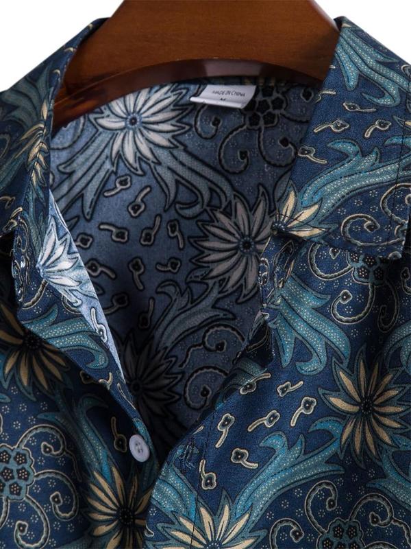 Men's Regular Fit Floral Print Button Front Shirt, Boho Casual Short Sleeve Collar Shirt for Summer, Menswear for Beach Vacation