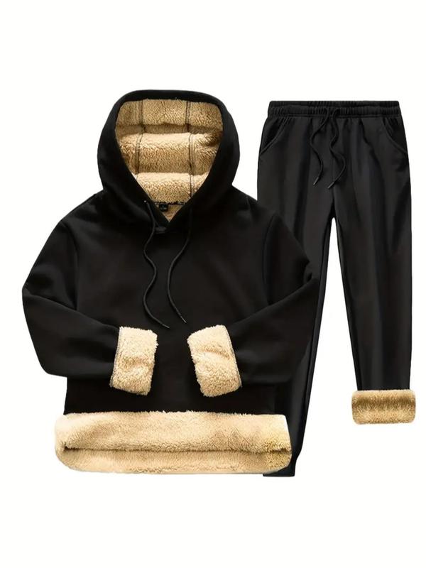 Men's Solid Long Sleeve Hoodie & Drawstring Waist Pants Thermal Lined Two-Piece Set, Regular Fit Casual Hooded Sweatshirt & Pocket Trousers for Fall & Winter, Men's Two-piece Outfits for Daily Wear