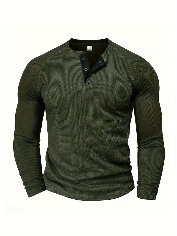 Men's Loose Solid Henley Shirt, Crew Neck Half Button Long Sleeve Shirt For Spring Fall Outdoor Activities