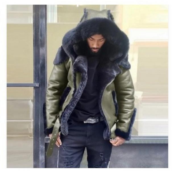 Q027 Men's Faux Leather plus Velvet Thickened Fur Short Zipper Coat Hooded Men's Coat