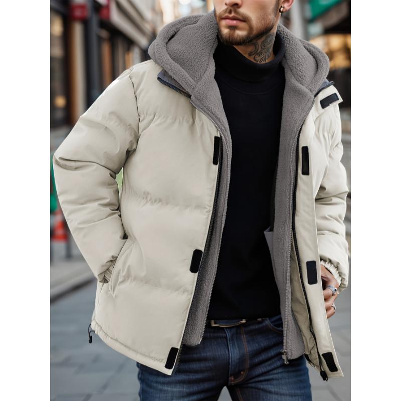 Two-piece Padded Men's Fleece Color Block Jacket, Casual Long Sleeve Warm Hooded Outwear with Pockets for Winter Outdoor Activities