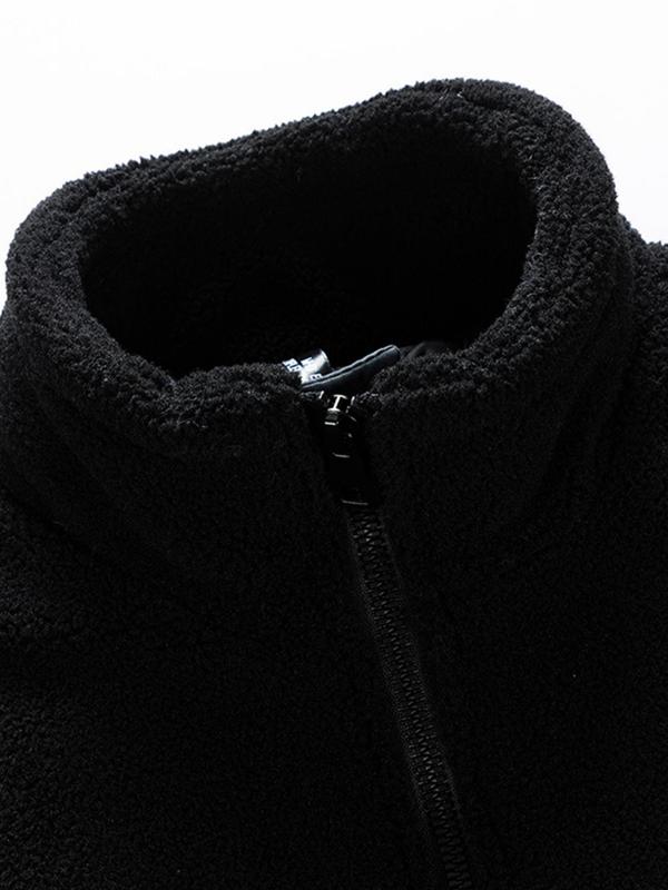 Men's Letter Patched Drop Shoulder Fleece Jacket, Loose Casual Long Sleeve Zip Up Outerwear for Winter, Men's Clothes for Daily Wear