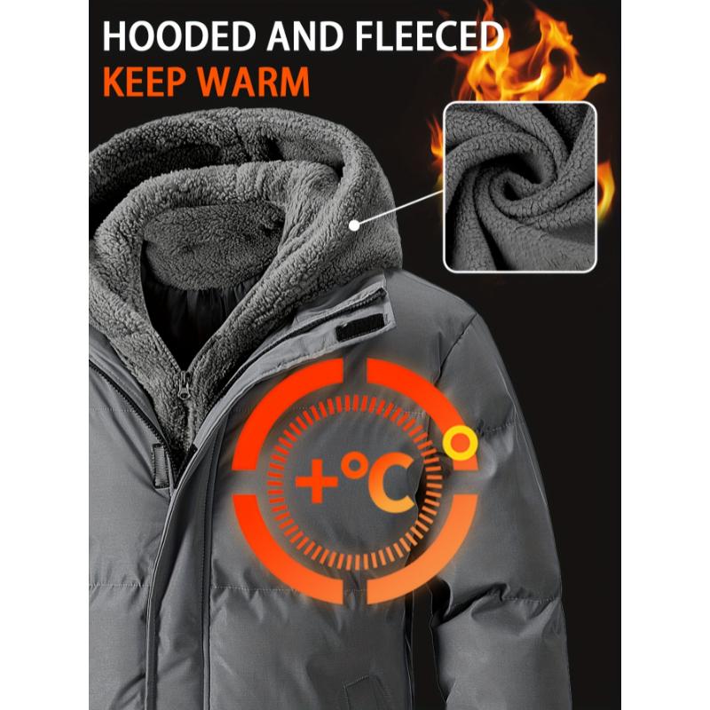 Two-piece Padded Men's Fleece Color Block Jacket, Casual Long Sleeve Warm Hooded Outwear with Pockets for Winter Outdoor Activities