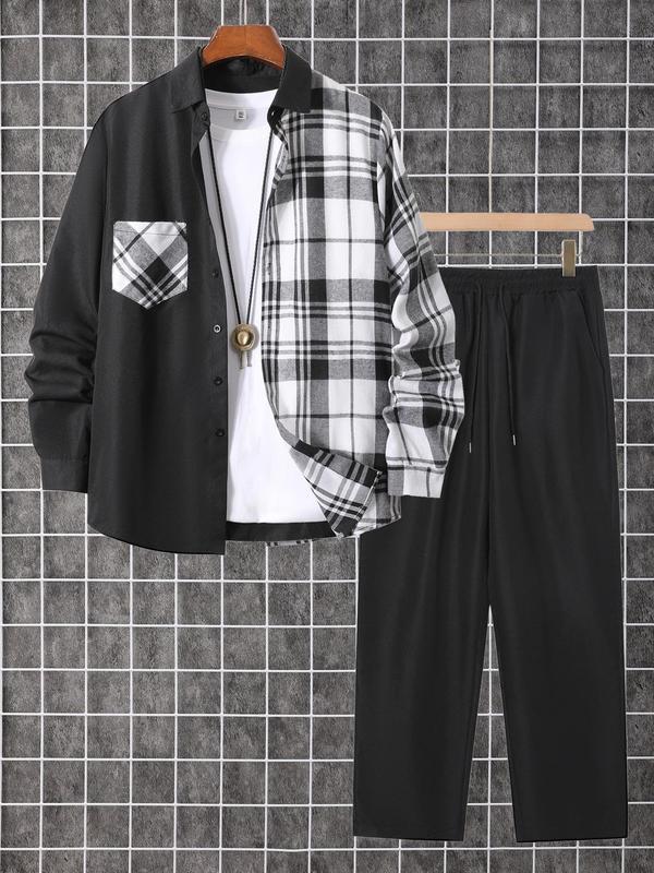 Two-Piece Set Men's Patchwork Plaid Print Button Front Shirt & Drawstring Waist Pants, Regular Fit Casual Long Sleeve Collared Top & Pocket Trousers for Fall & Winter, Men's Clothes for Daily Wear