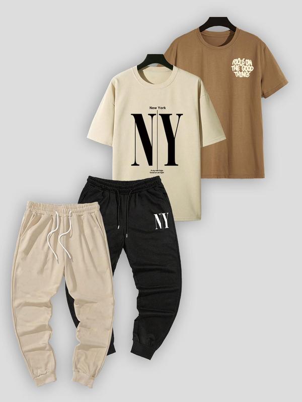 Men's Letter Print Drop Shoulder Tee & Drawstring Waist Sweatpants Two-Piece Set, Regular Fit Casual Street Crew Neck Short Sleeve T-shirt & Pocket Jogger Pants, Men's Summer Clothes for Daily Wear