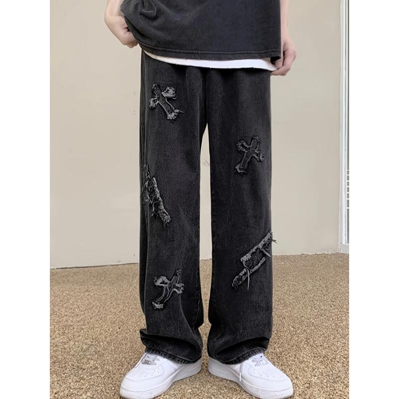 Men's Frayed Crosses And Lightning Embroidery Print Denim Trousers With Pockets, Street Style Cotton Blend Jeans For Outdoor Activities