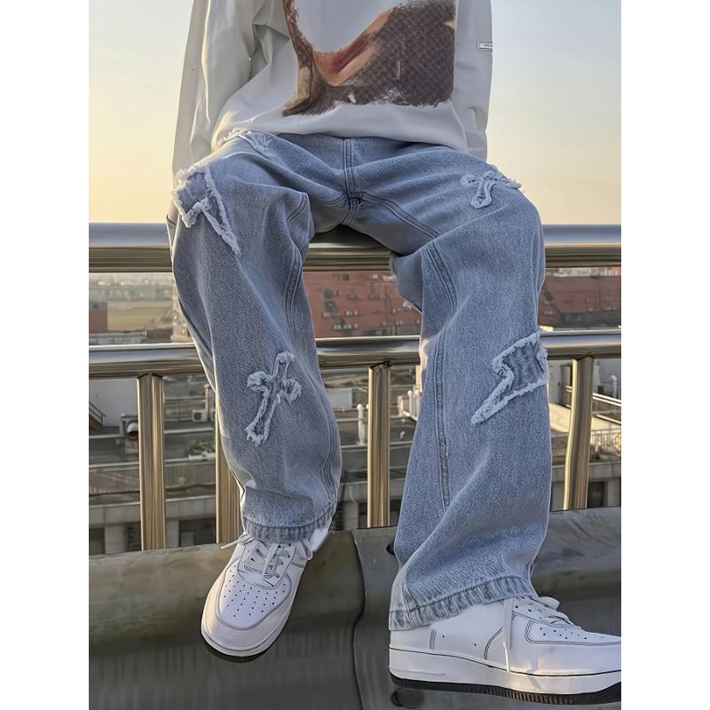 Men's Frayed Crosses And Lightning Embroidery Print Denim Trousers With Pockets, Street Style Cotton Blend Jeans For Outdoor Activities