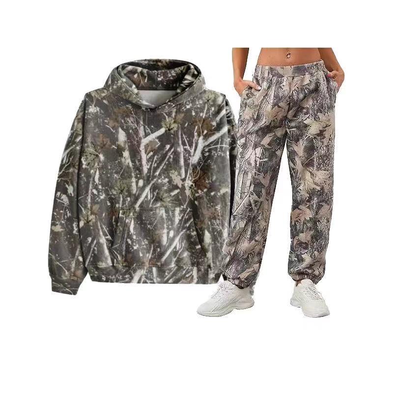 Hot Sale Camouflage SportsFleece-Lined Sweater Suit 2Piece Set Camouflage HoodieMaple Leaf Print OversizedSweatshirt Suit