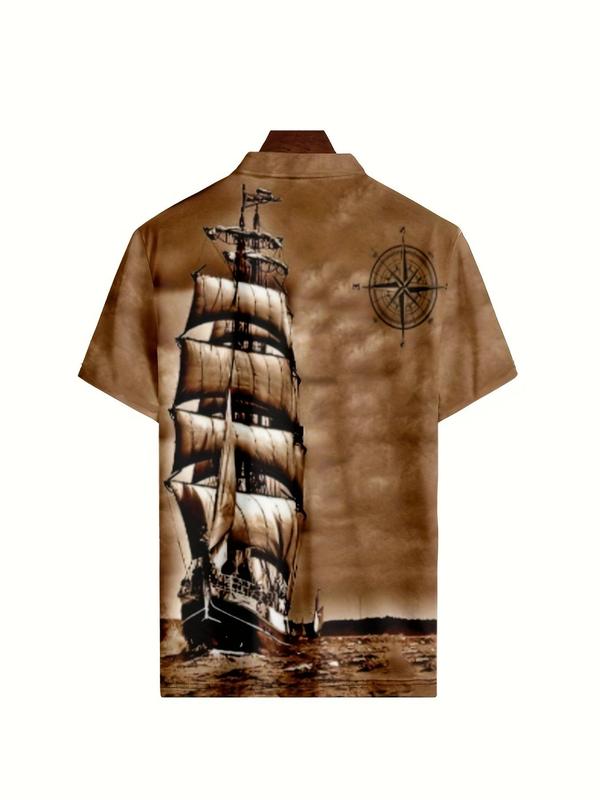 Men's Regular Fit Compass & Sailboat Print Polo Shirt, Casual Short Sleeve Button Front Top for All Seasons, Fashion Men's Clothes for Daily Wear