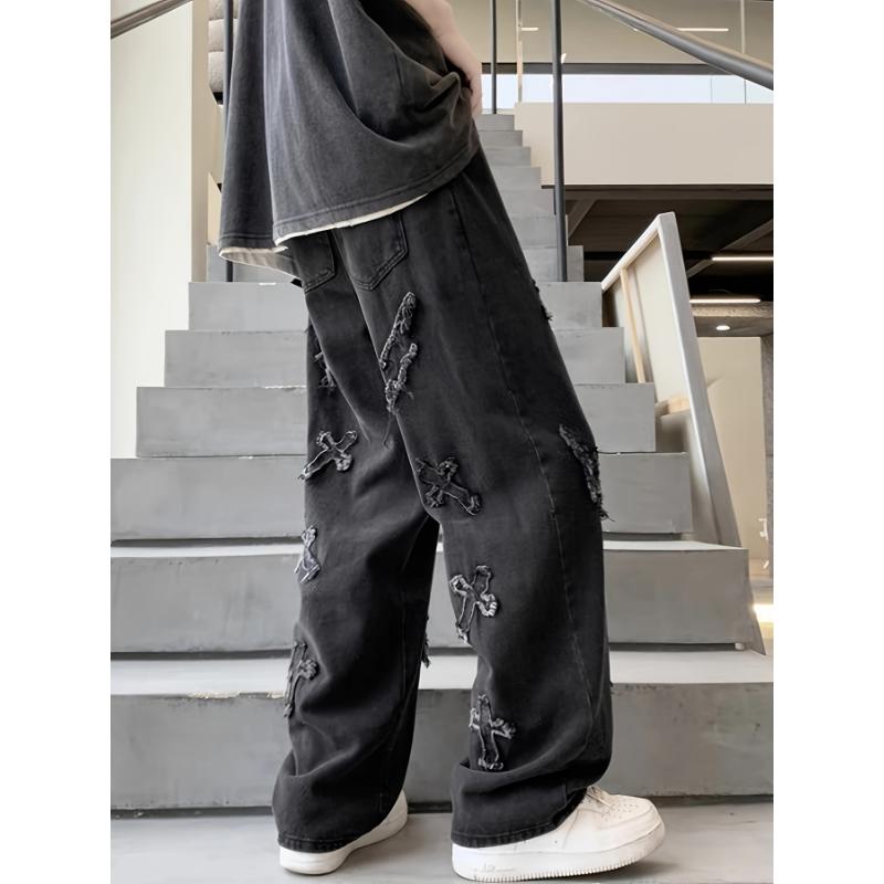 Men's Frayed Crosses And Lightning Embroidery Print Denim Trousers With Pockets, Street Style Cotton Blend Jeans For Outdoor Activities