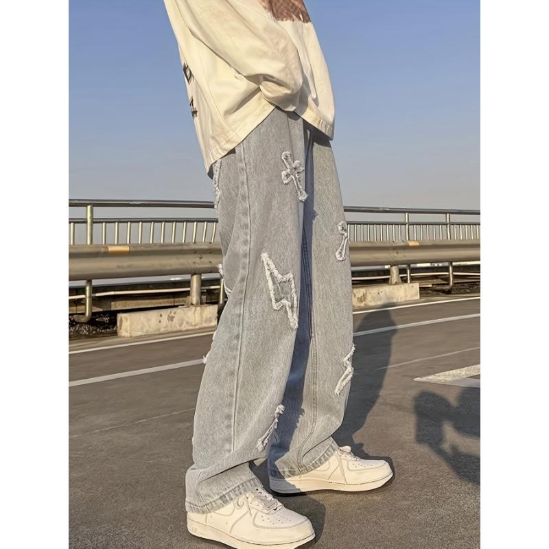 Men's Frayed Crosses And Lightning Embroidery Print Denim Trousers With Pockets, Street Style Cotton Blend Jeans For Outdoor Activities