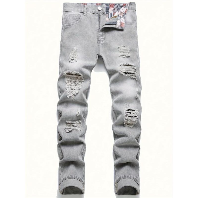 Regular Fit Ripped Jeans, Men's Casual Street Style Distressed Denim Pants For All Seasons