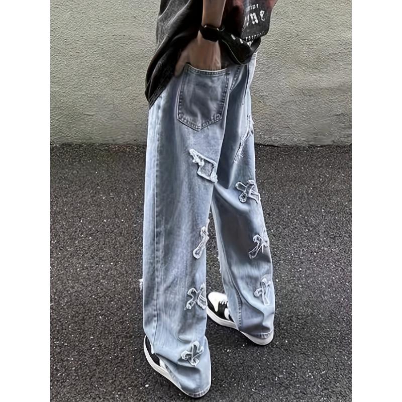 Men's Frayed Crosses And Lightning Embroidery Print Denim Trousers With Pockets, Street Style Cotton Blend Jeans For Outdoor Activities