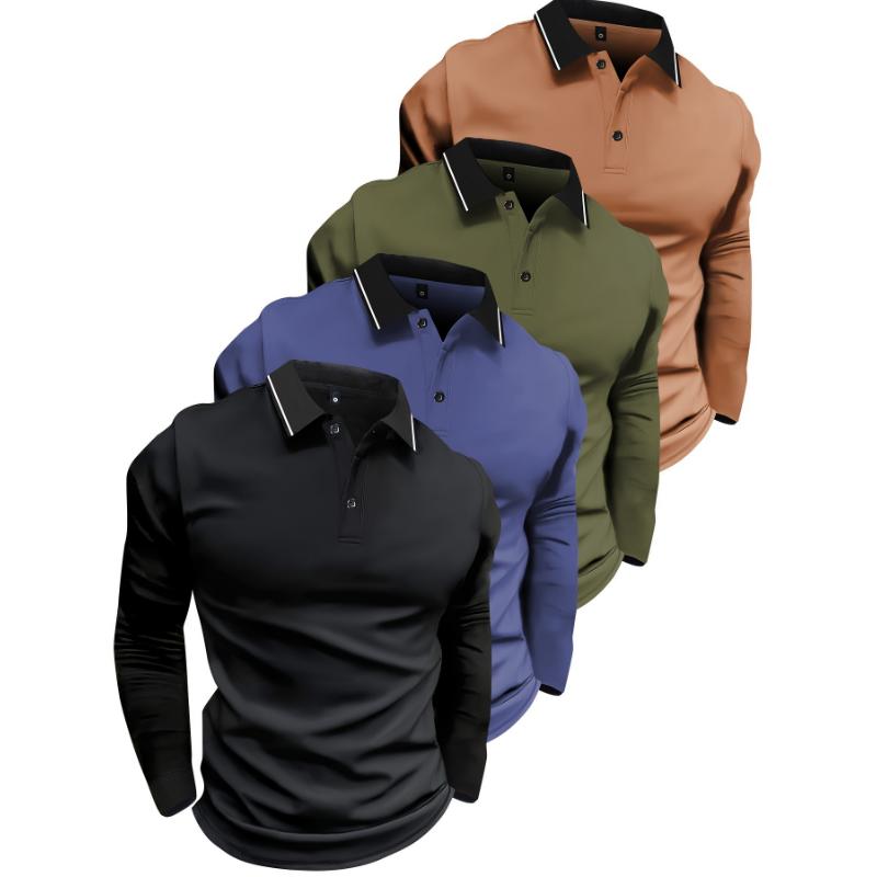 4-piece Long-sleeved Men's POLO Shirts, Fashionable Casual Spring and Autumn Button-down Sports Outdoor Tops