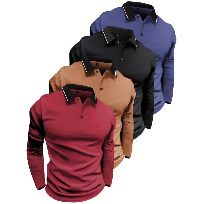 4-piece Long-sleeved Men's POLO Shirts, Fashionable Casual Spring and Autumn Button-down Sports Outdoor Tops