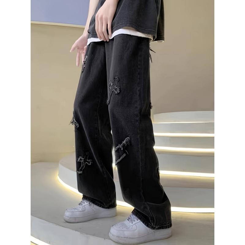 Men's Frayed Crosses And Lightning Embroidery Print Denim Trousers With Pockets, Street Style Cotton Blend Jeans For Outdoor Activities