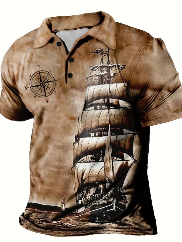 Men's Regular Fit Compass & Sailboat Print Polo Shirt, Casual Short Sleeve Button Front Top for All Seasons, Fashion Men's Clothes for Daily Wear