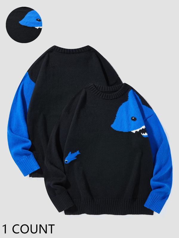 Men's Cartoon Shark Print Drop Shoulder Sweater Pullover, Regular Fit Casual Long Sleeve Round Neck Jumper for Fall & Winter, Fashion Men's Knitwear for Daily Wear