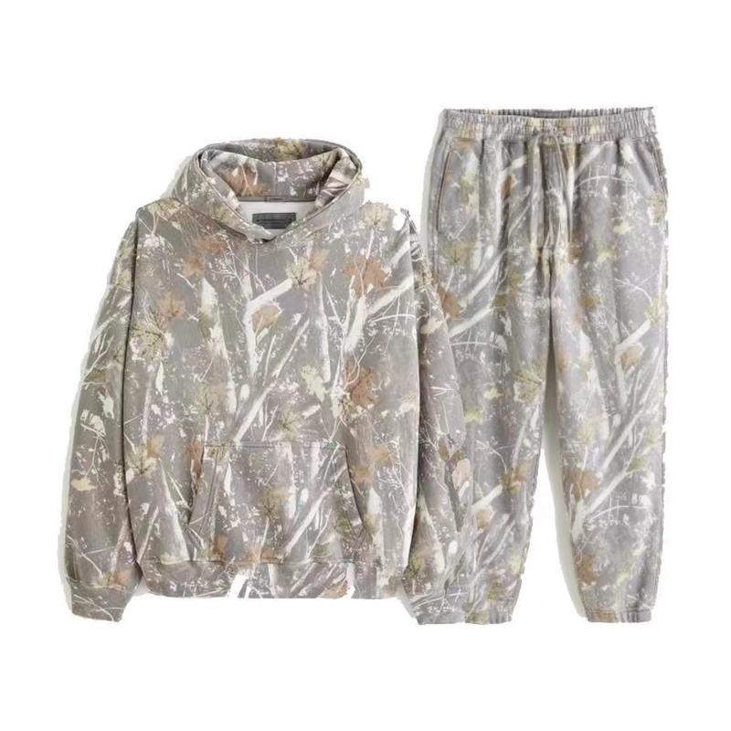 Hot Sale Camouflage SportsFleece-Lined Sweater Suit 2Piece Set Camouflage HoodieMaple Leaf Print OversizedSweatshirt Suit