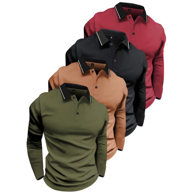 4-piece Long-sleeved Men's POLO Shirts, Fashionable Casual Spring and Autumn Button-down Sports Outdoor Tops