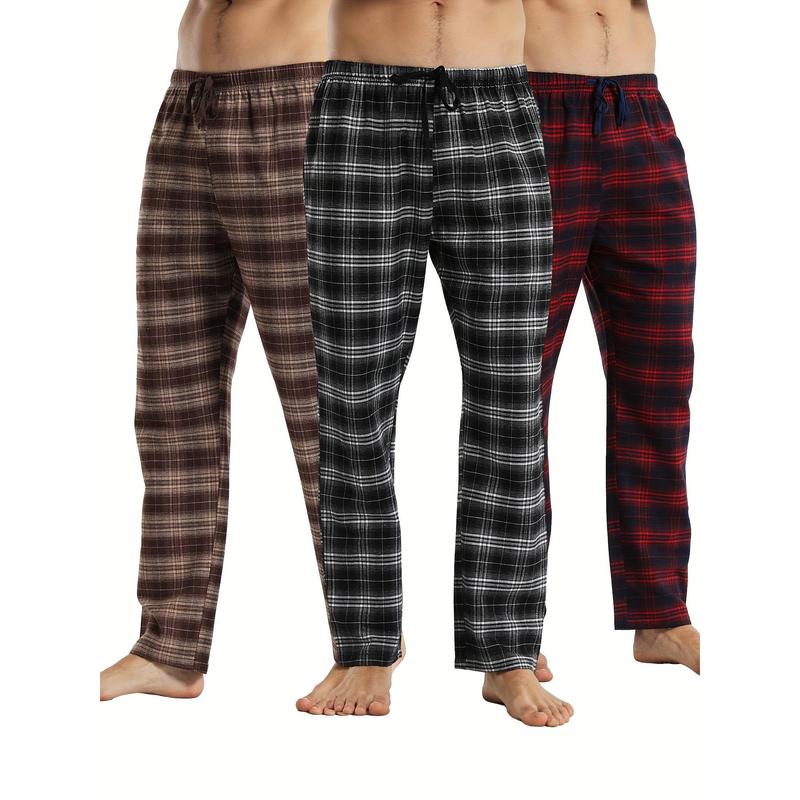 3pcs Plaid Men's Long Pants, Casual Homewear Pajama Sleep Bottom Loungewear Sleep Wear Trousers Fabric Menswear