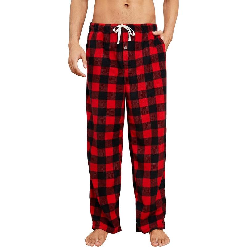 Mens Fleece Pajama Pants, Warm Plaid Lounge Pj Bottoms for Men with Pockets Soft