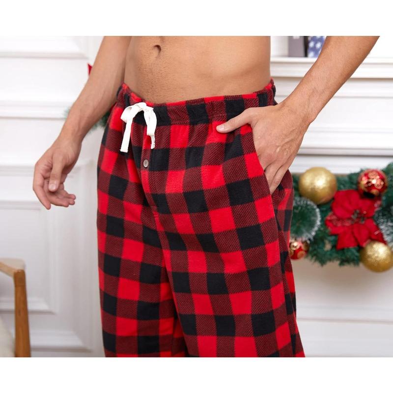 Mens Fleece Pajama Pants, Warm Plaid Lounge Pj Bottoms for Men with Pockets Soft