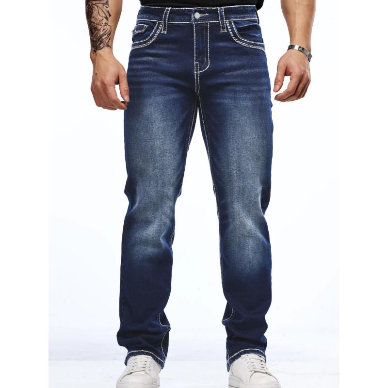 Classic Men's Stretch Denim Jeans with Regular Fit, Embroidered Design, and Distressed Street Style Menswear Spandex Fabric Trouser