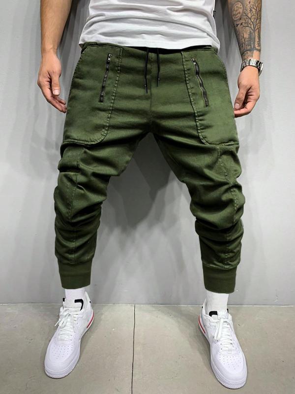 Men's Solid Pocket Drawstring Waist Pants, Regular Fit Casual Fashion Zipper Design Trousers for Daily Wear, Men's Bottoms for All Seasons, 90s Clothes for Men