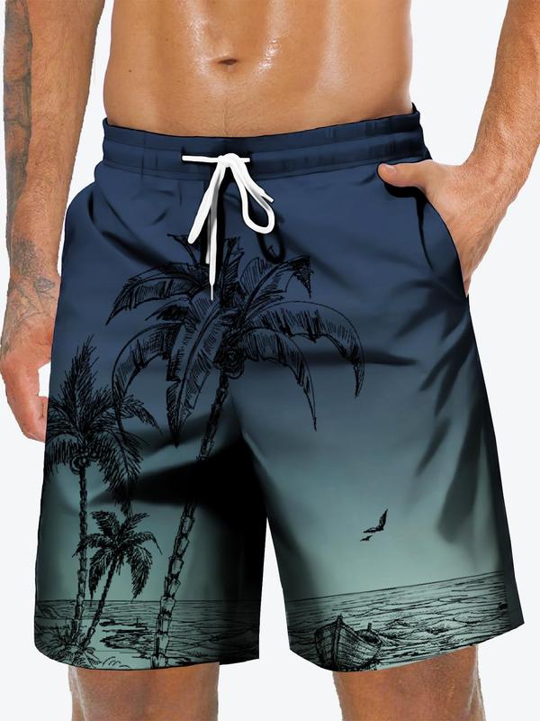 Men's Regular Fit Landscape Print Pocket Drawstring Waist Shorts, Casual Comfy Ombre Straight Leg Shorts for Beach Vacation, Men's Bottoms for All Seasons