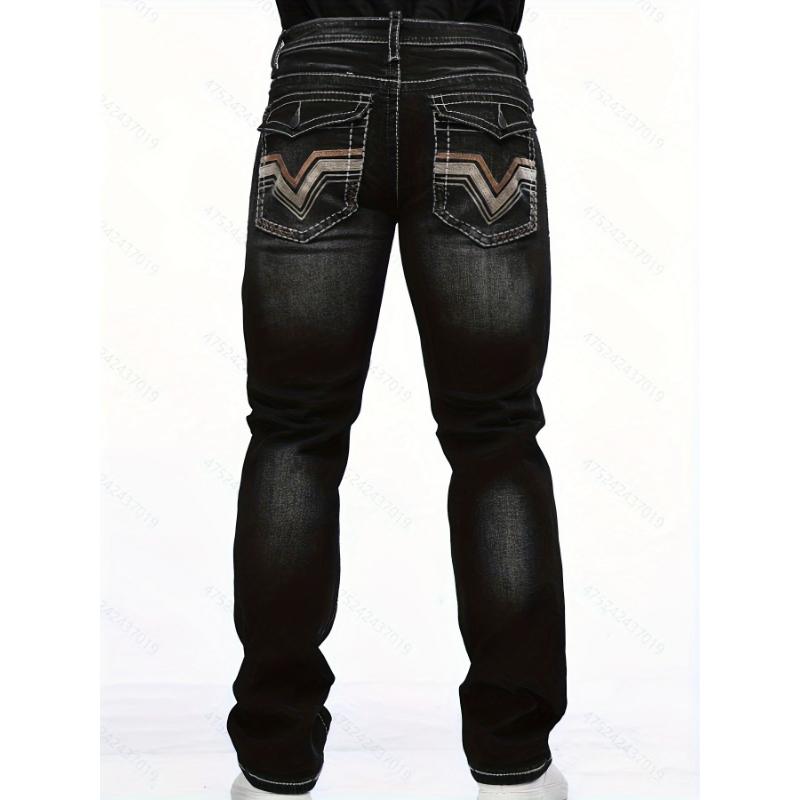 Classic Men's Stretch Denim Jeans with Regular Fit, Embroidered Design, and Distressed Street Style Menswear Spandex Fabric Trouser