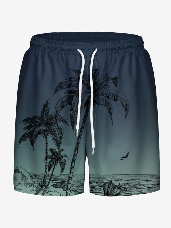 Men's Regular Fit Landscape Print Pocket Drawstring Waist Shorts, Casual Comfy Ombre Straight Leg Shorts for Beach Vacation, Men's Bottoms for All Seasons