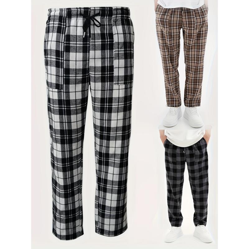 3 Pcs Comfy Plaid Pattern Men's Simple Style Pants, Loose Stretchy Elastic Waist Trendy Home Pajamas Bottom for Sleeping