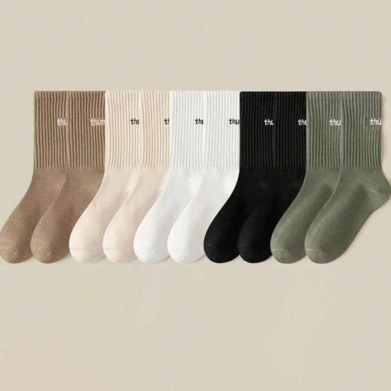 5pairs set Men's Solid Color Mid-calf Socks With Letter & Heel Detail