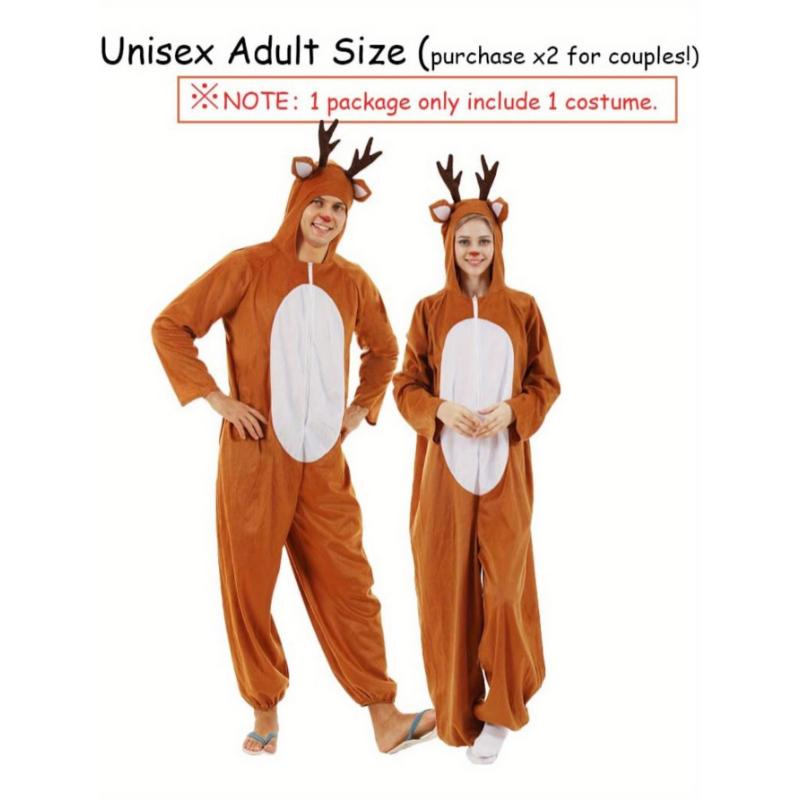 Men Onesies Reindeer Christmas Pajamas Costume Deer Jumpsuit Cosplay Menswear Collar Loungewear Stretch Hoodie Long Sleeve