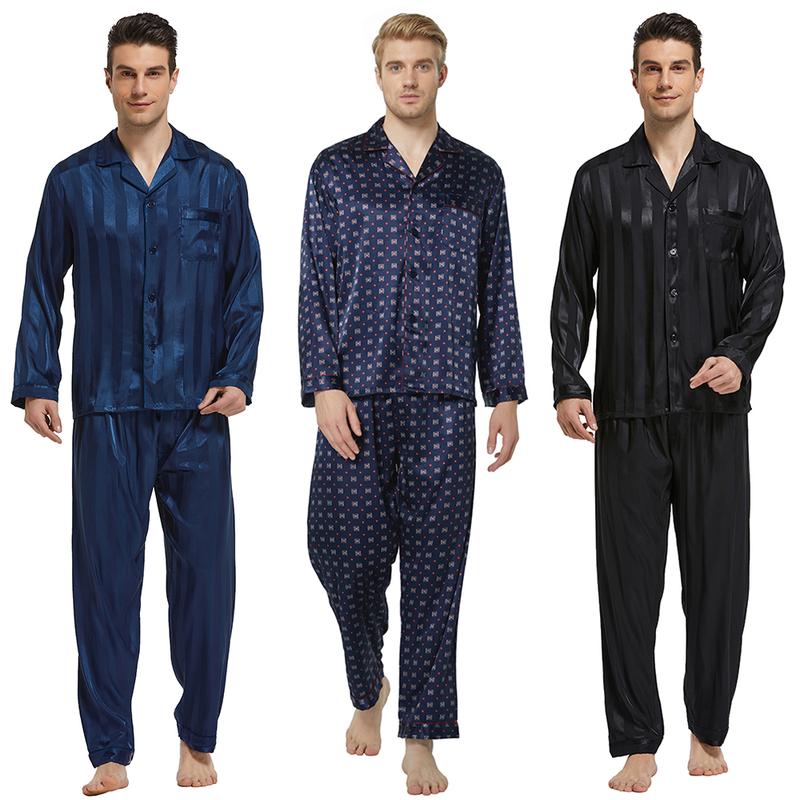 Tony & Candice Men's Silk Pajama Sets, Satin Long Sleeve Sleepwear Loungewear