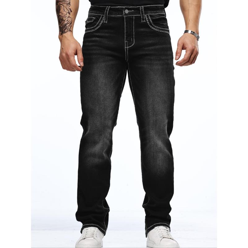 Classic Men's Stretch Denim Jeans with Regular Fit, Embroidered Design, and Distressed Street Style Menswear Spandex Fabric Trouser