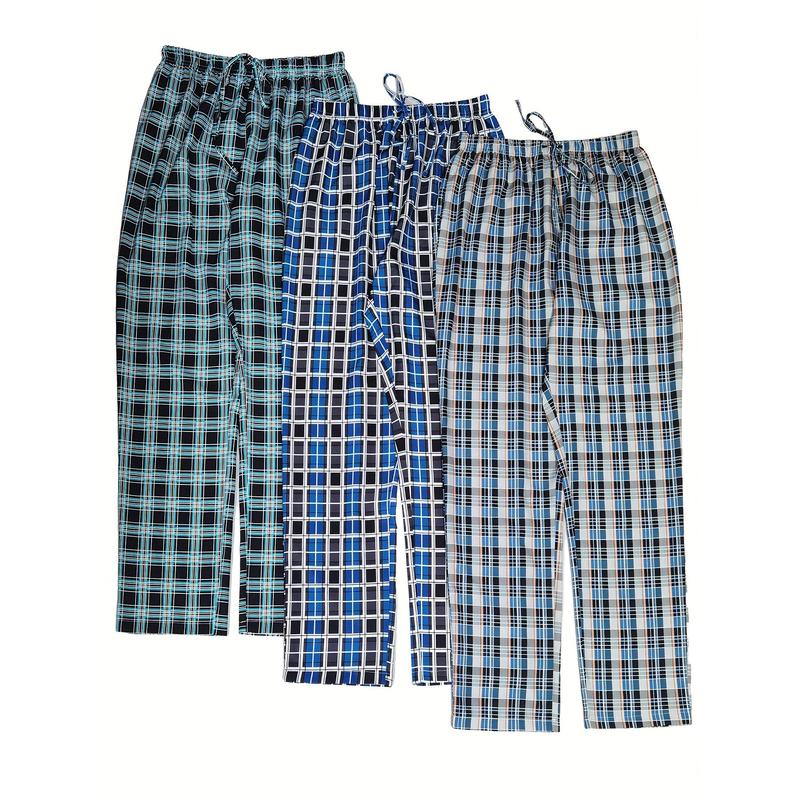 3pcs Plaid Men's Long Pants, Casual Homewear Pajama Sleep Bottom Loungewear Sleep Wear Trousers Fabric Menswear