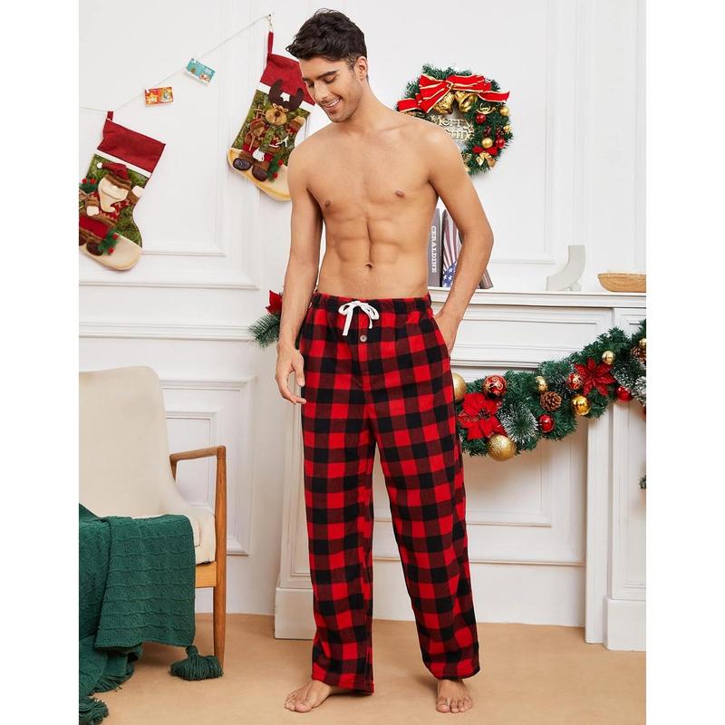 Mens Fleece Pajama Pants, Warm Plaid Lounge Pj Bottoms for Men with Pockets Soft