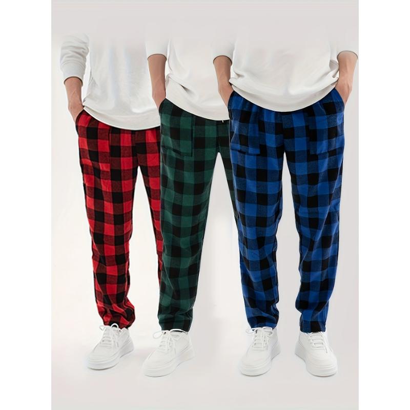 3 Pcs Comfy Plaid Pattern Men's Simple Style Pants, Loose Stretchy Elastic Waist Trendy Home Pajamas Bottom for Sleeping