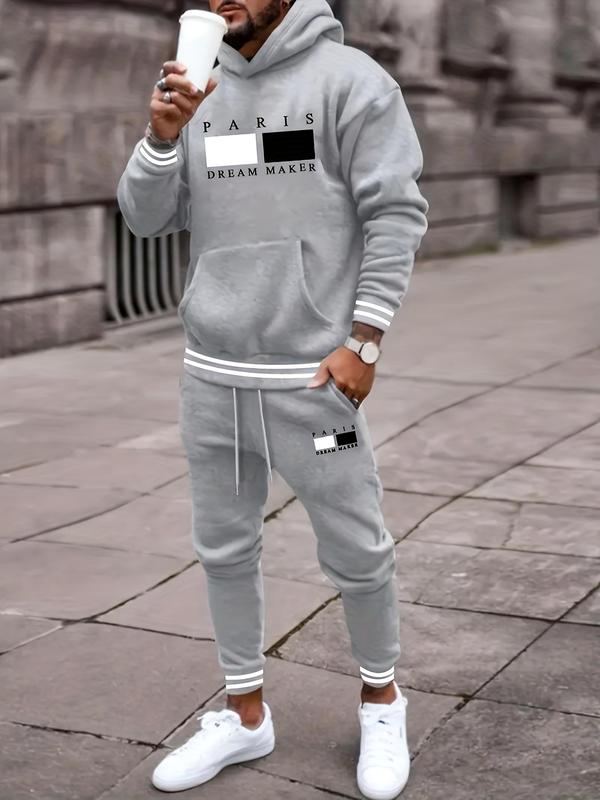 Men's Letter Print Pocket Hoodie & Drawstring Sweatpants Set, Regular Fit Casual Long Sleeve Hooded Sweatshirt & Jogger Pants, Men's Fall & Winter Clothes