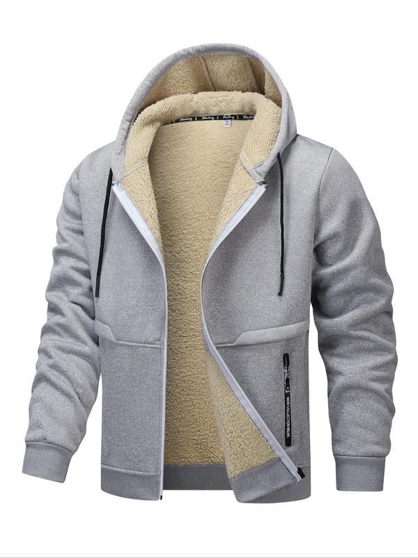 Men's Regular Fit Solid Pocket Drawstring Hooded Jacket, Casual Long Sleeve Zip Up Outerwear for Fall & Winter, Men's Clothes for Daily Wear