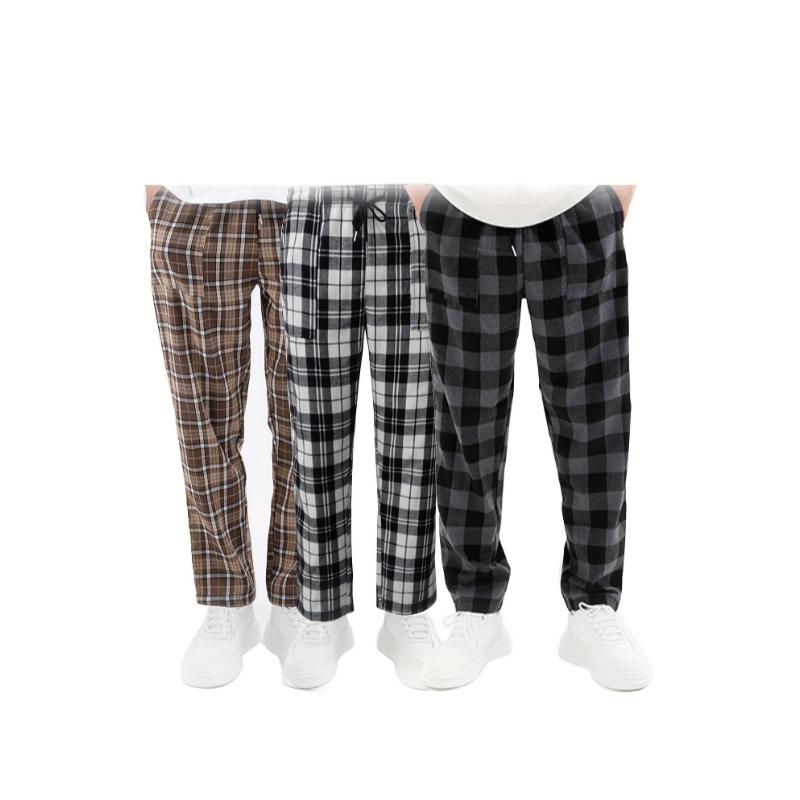 3 Pcs Comfy Plaid Pattern Men's Simple Style Pants, Loose Stretchy Elastic Waist Trendy Home Pajamas Bottom for Sleeping