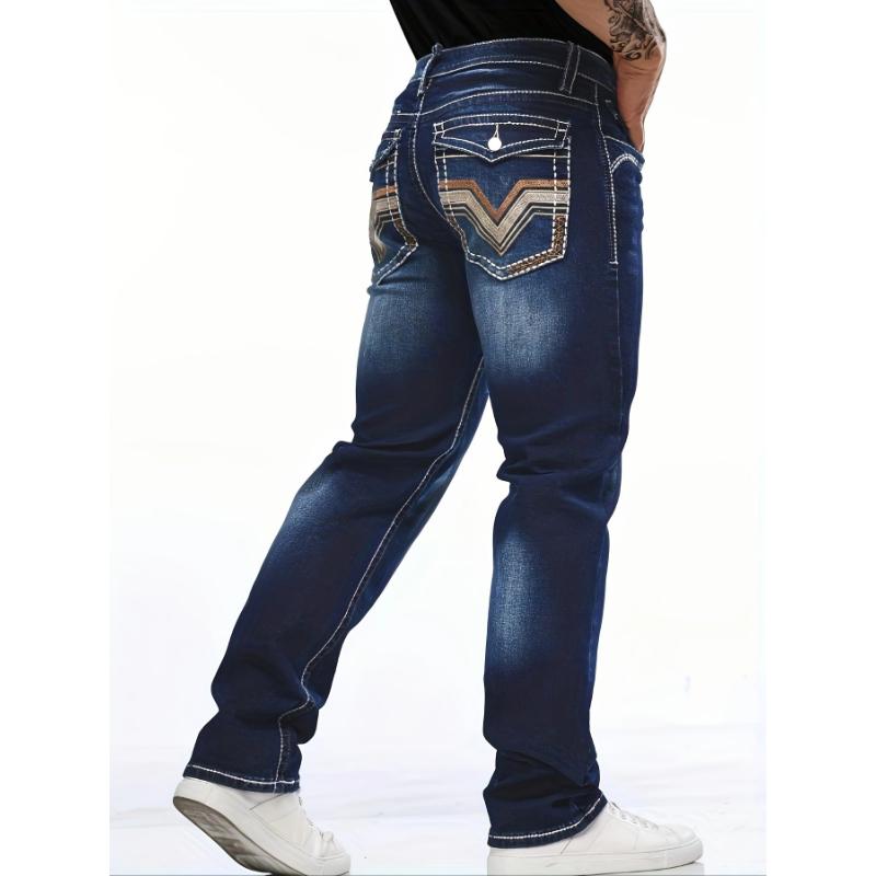 Classic Men's Stretch Denim Jeans with Regular Fit, Embroidered Design, and Distressed Street Style Menswear Spandex Fabric Trouser