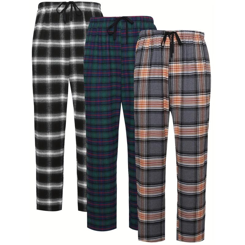 3pcs Plaid Men's Long Pants, Casual Homewear Pajama Sleep Bottom Loungewear Sleep Wear Trousers Fabric Menswear