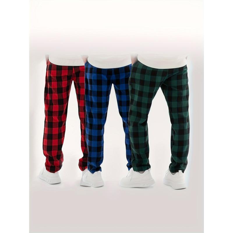 3 Pcs Comfy Plaid Pattern Men's Simple Style Pants, Loose Stretchy Elastic Waist Trendy Home Pajamas Bottom for Sleeping